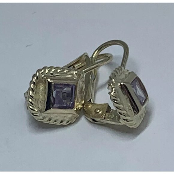 14K GOLD FRAMED PRINCESS CUT AMETHYST EARRINGS 7.5MM
